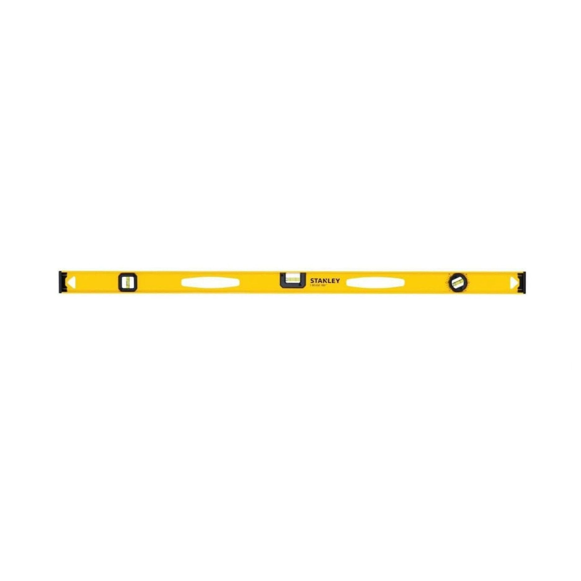 A STANLEY 42-328 48 in. heavy-duty yellow aluminum I-beam level with three bubble vials for horizontal, vertical, and 45-degree angles is positioned flat against a white background.